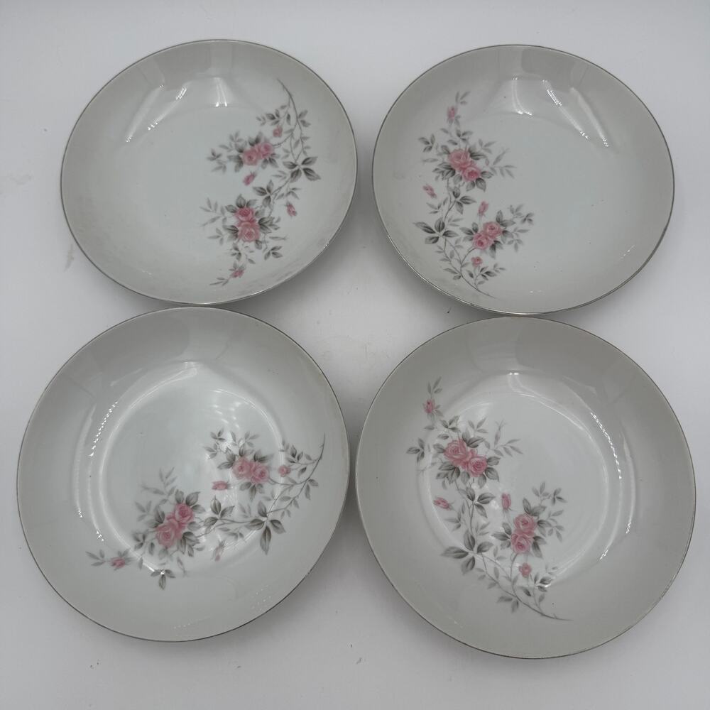 Set of 4 Vintage Soup Bowls in Pink Rose by Bristol Coupe 7.5" Made in Japan